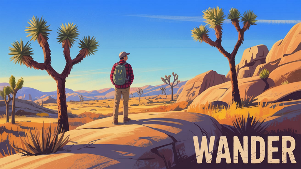 Hiker enjoying a sunny day in Joshua Tree National Park surrounded by Joshua trees and rugged desert terrain.