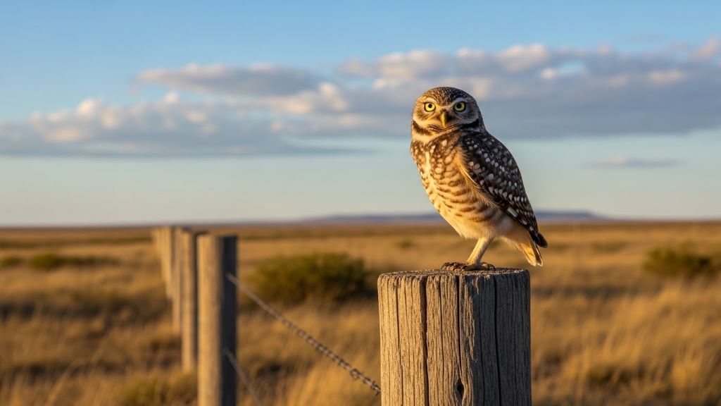 Burrowing owl perched on fence post in pampa desert landscape with open plains in background