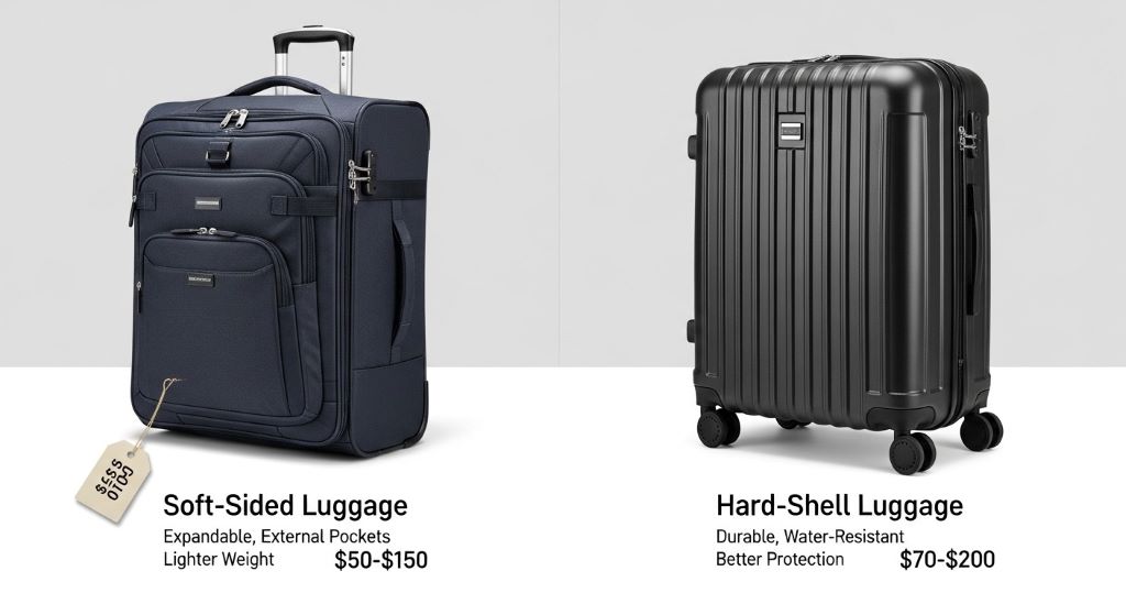 Comparison of affordable soft-sided and hard-shell travel bags showing features and price points for budget-conscious travelers