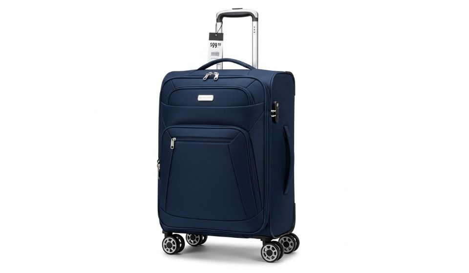 Budget-friendly carry-on luggage under one hundred dollars with spinner wheels and telescoping handle displayed against white background