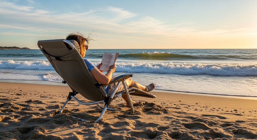 Comfortable portable outdoor chair on sandy beach with person relaxing and reading book near ocean waves