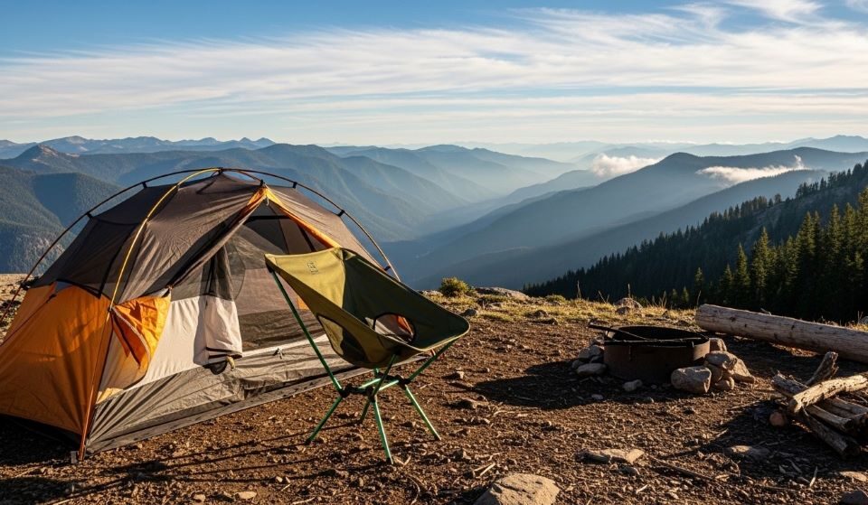 Lightweight folding camping chair set up beside tent in mountain camping site with scenic valley view in background