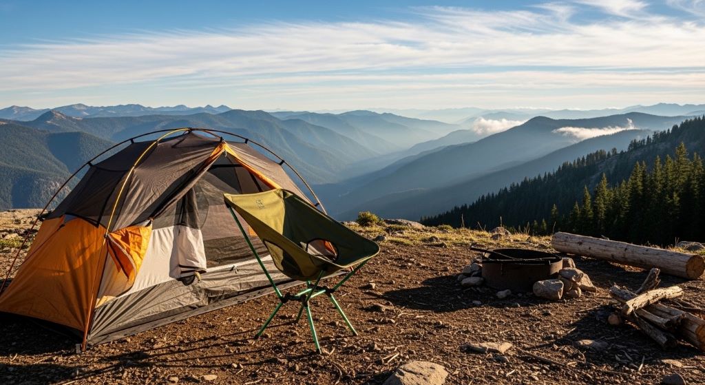 Lightweight folding camping chair set up beside tent in mountain camping site with scenic valley view in background