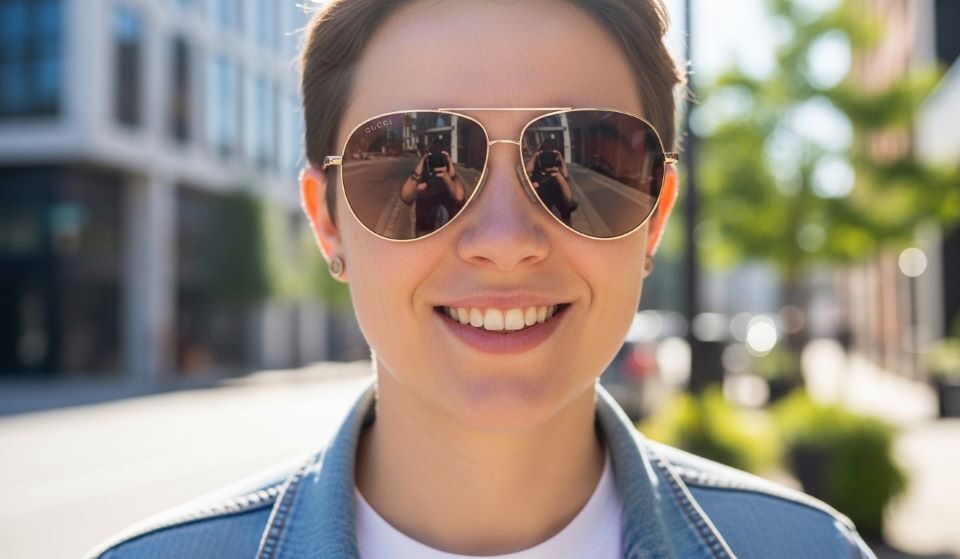 Person wearing authentic Gucci sunglasses purchased online from an authorized retailer