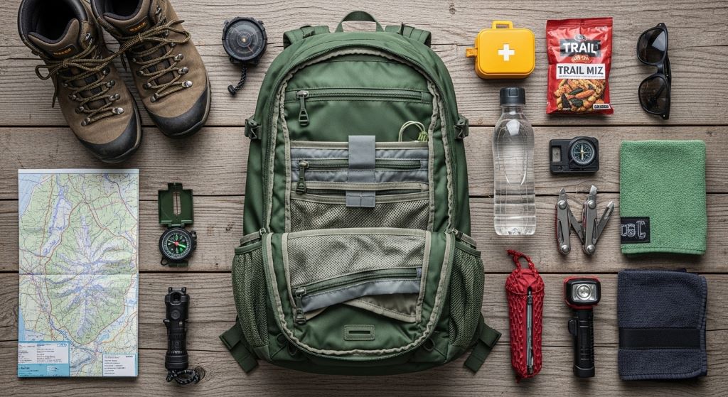 A flat lay of an affordable hiking backpack with multiple compartments displayed alongside trail essentials on a wooden surface