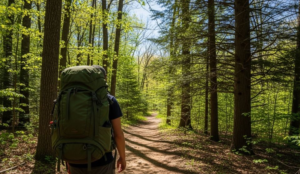 A hiker wearing a green mid-size hiking backpack walking along a forest trail on a sunny day