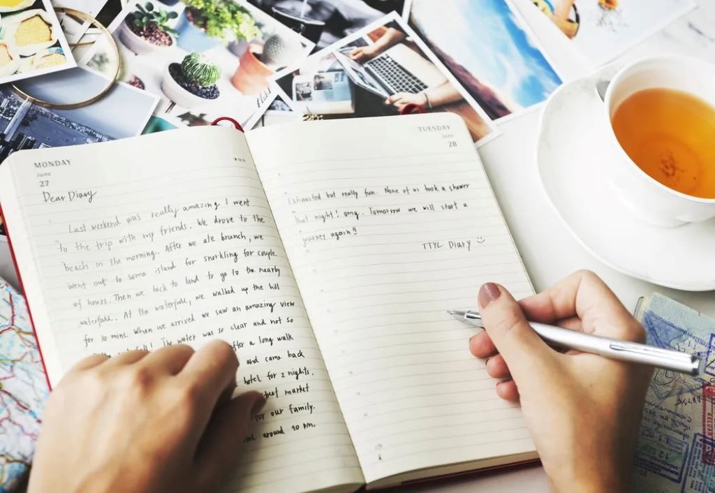 Traveler journaling and sketching memories in a travel notebook