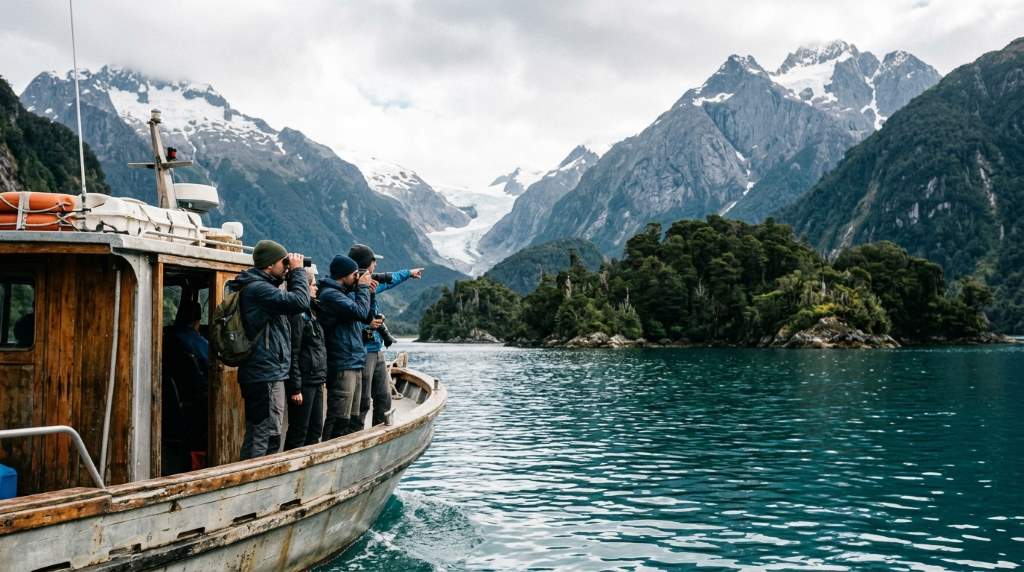 Remote Chilean Patagonia island coastline with dramatic fjords and cloudy weather similar to Seattle