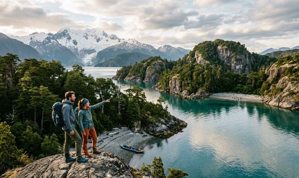 Travelers kayaking near untouched islands in Chilean Patagonia surrounded by glaciers and mountains