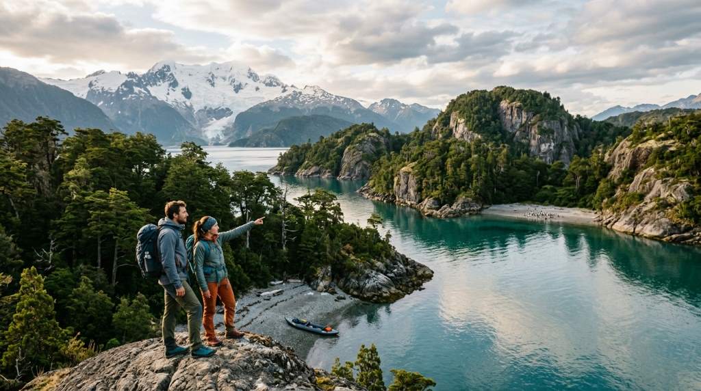 Travelers kayaking near untouched islands in Chilean Patagonia surrounded by glaciers and mountains